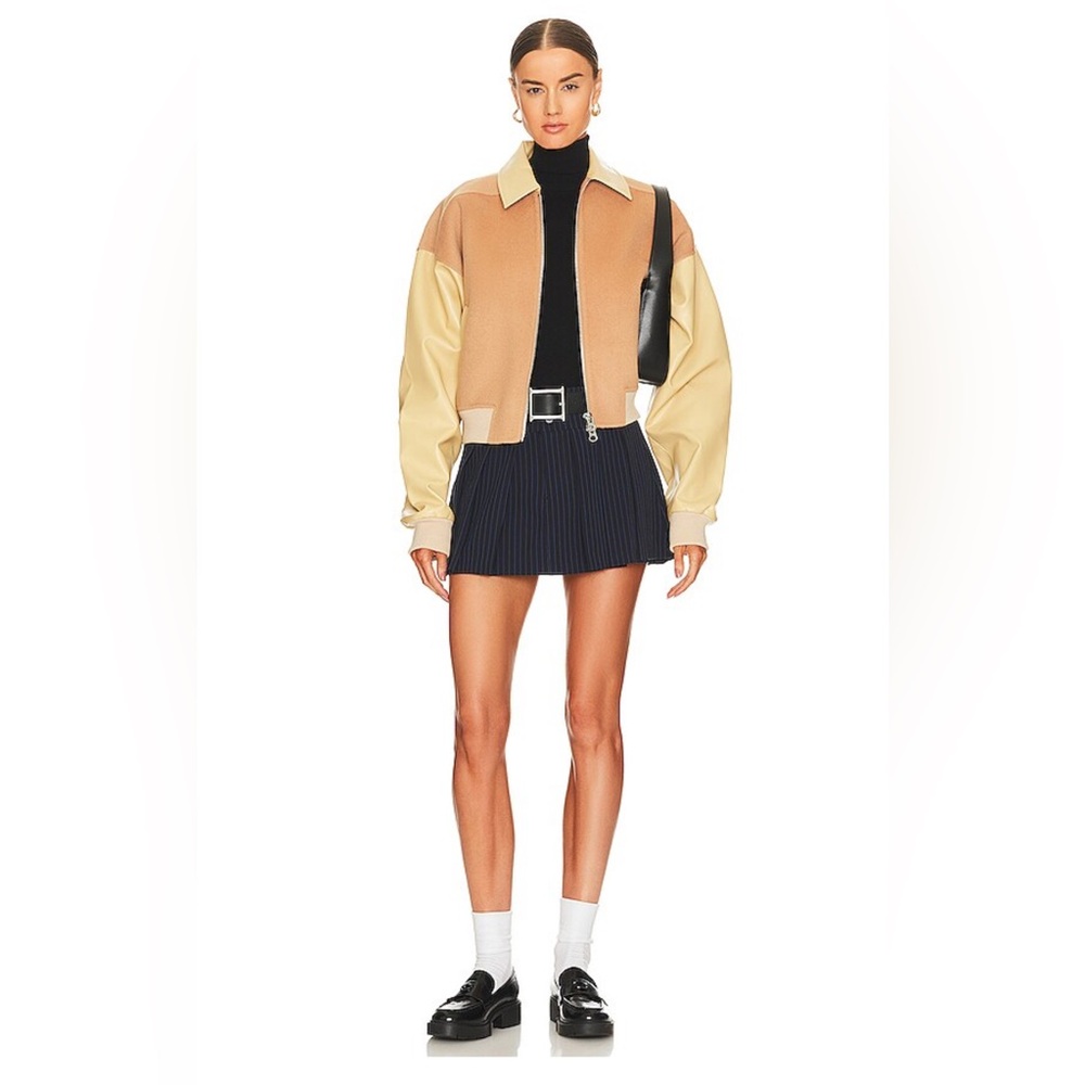 More To Come Cristina Mini Skirt blue black pinstripe pleated medium revolve